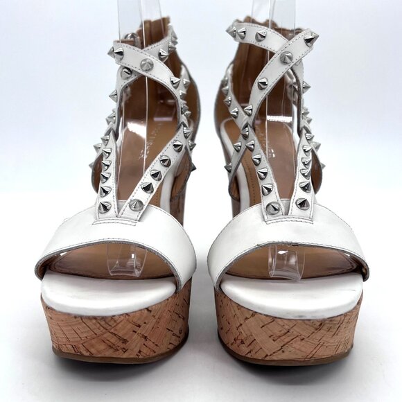 Marc Fisher White Leather Studded Cork Wedge Platform Sandals Heels Size 8M - Picture 7 of 15